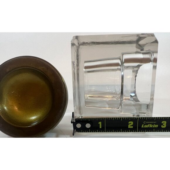 Antique Inkwell Glass beveled glass corners & concave Brass top Square Base 3" - Picture 3 of 10